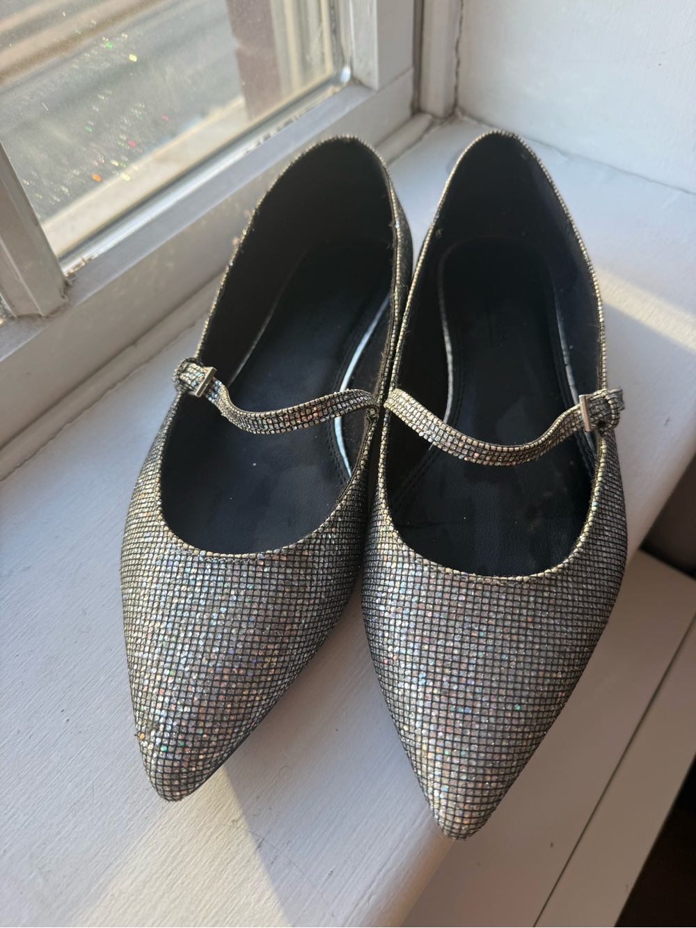 ASOS Silver Glitter Pointed Mary Jane Flats